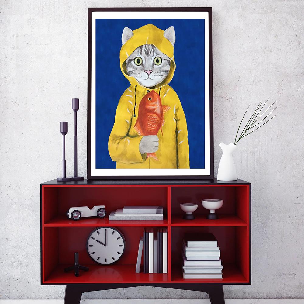 Изображение товара: Мультяшный Кот рыба плакаты и принты Холст Картина маслом кролик художник настенные картины для гостиной Детская комната Домашний декор