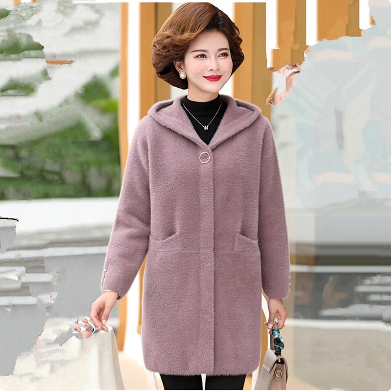 Изображение товара: UHYTGF осенне-зимняя шерстяная куртка женская качественная норковая флисовая Повседневная 6XL размера плюс пальто Двусторонняя кашемировая верхняя одежда с капюшоном 1053