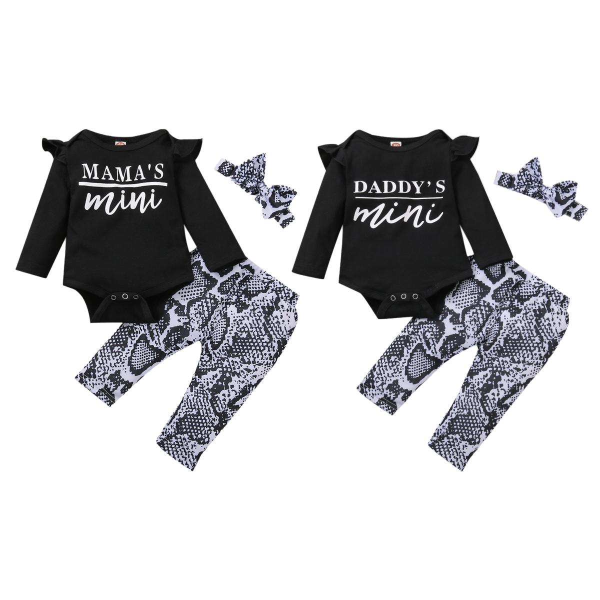 Изображение товара: Осенний комплект одежды для новорожденных мальчиков и девочек 2020, топ с длинными рукавами и рюшами и круглым вырезом + штаны со змеиным принтом + повязка на голову на возраст от 0 до 18 месяцев