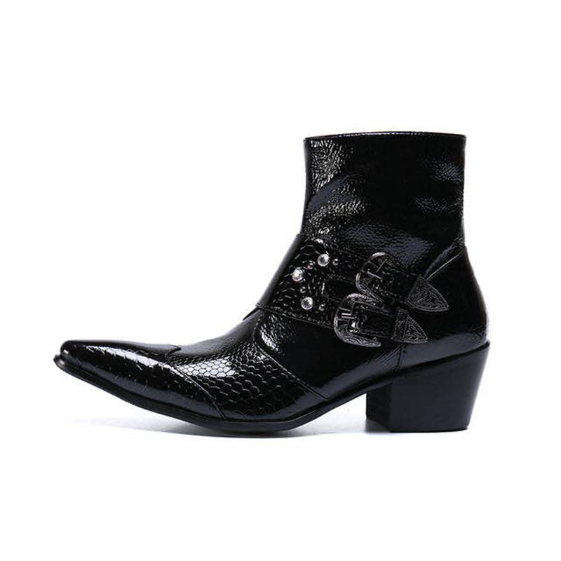 Изображение товара: Мужские ботинки, деловые ботильоны с острым носком, офисное, официальное платье, обувь с заклепками, Мужская черная обувь из змеиной кожи, обувь с двойной пряжкой и ремешком