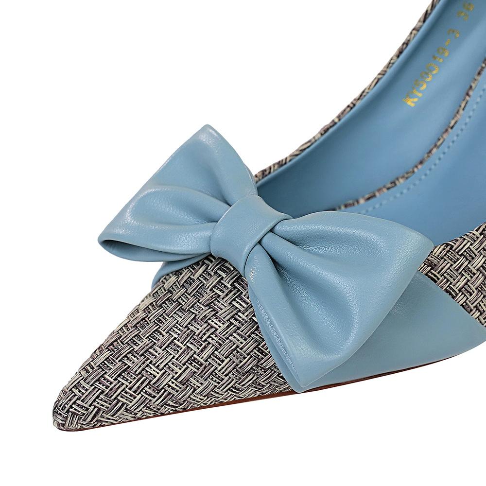 Изображение товара: Bigtree 2020 летние модные женские туфли 7,5 см туфли-лодочки на тонких высоких каблуках с металлическим бантиком; Голубые туфли-лодочки с острым носком; Серые, модельные туфли-лодочки; Обувь на День святого Валентина