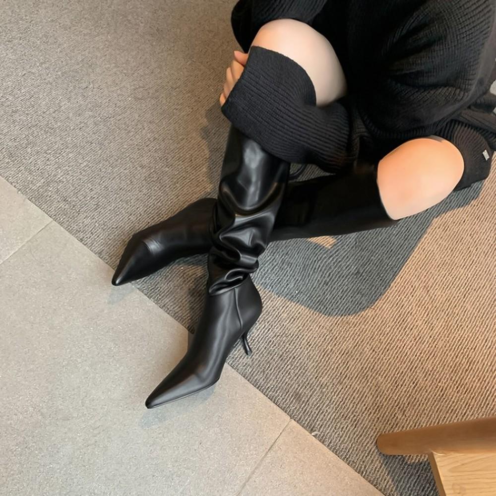 Изображение товара: Женские сапоги до бедра OLOMLB с острым носком, на высоких шпильках, из натуральной кожи, в западном стиле, обувь Челси, новинка 2022