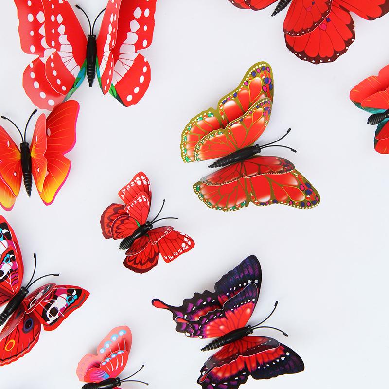 Изображение товара: Милые 3D Элегантные красные двойные крылья стикер на стену с бабочками для украшения дивана, ТВ, фона для магазина, стены, домашнего декора, 12 шт.