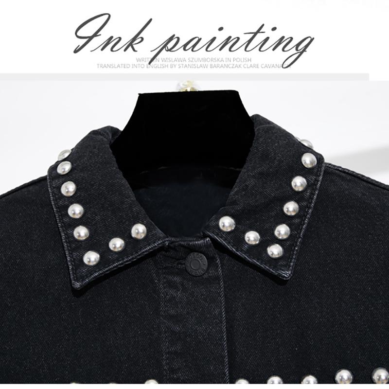 Изображение товара: Куртка женская джинсовая с заклепками, винтажная повседневная короткая куртка-бомбер из денима, черный цвет, осень 2019
