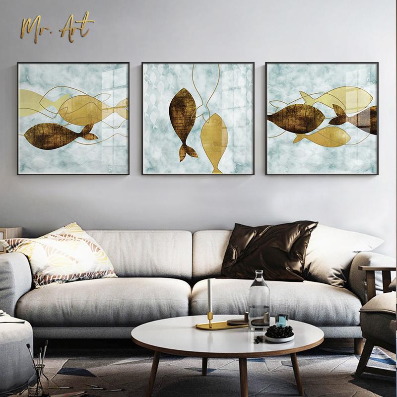 Изображение товара: Современная Абстрактная Картина на холсте с изображением рыб, художественный плакат, настенные коричневые и желтые картины для гостиной, спальни, скандинавский Декор для дома