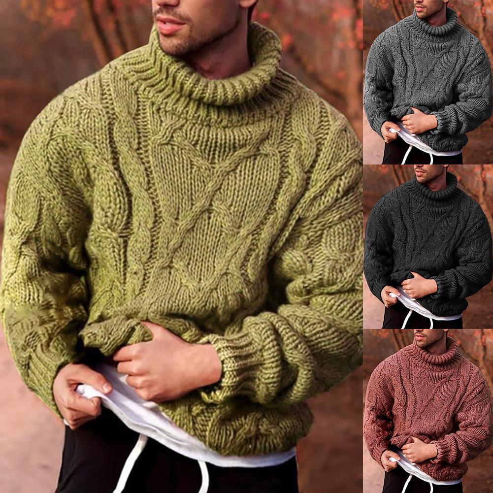 Изображение товара: Новинка 2020, модный мужской вязаный свитер с косами на осень и зиму, пуловер с высоким воротом, Повседневный свитер
