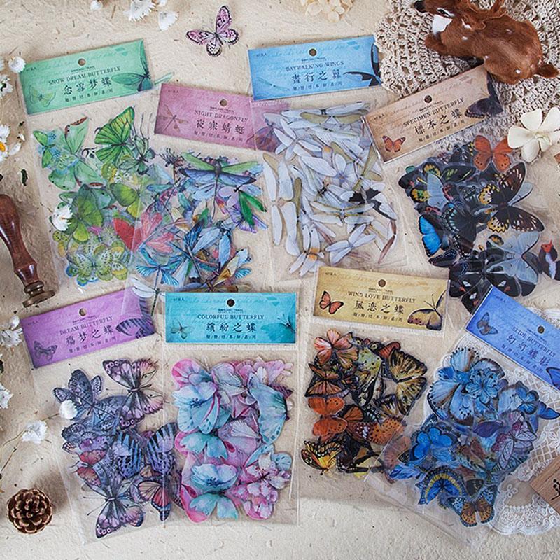 Изображение товара: Наклейки цветные из ПВХ, с бабочкой, стрекозой, альбом для декоративных наклеек, 8 видов стилей, 1 упаковка (40 шт.)