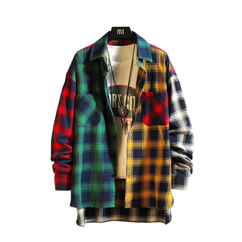 Изображение товара: Весенняя индивидуальность, корейский тренд цвета, подходящая рубашка в клетку, мужская повседневная Свободная рубашка в стиле хип-хоп с длинными рукавами 5XL