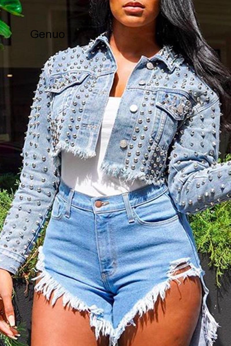Изображение товара: Куртка женская джинсовая с заклепками, пикантная винтажная верхняя одежда из денима с дырками, в стиле бойфренда, с длинным рукавом, осень 2020