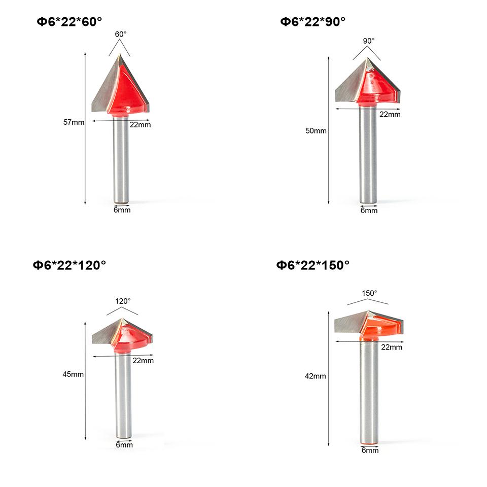 Изображение товара: 2шт 6 мм V Bit CNC твердосплавная Концевая фреза, 3D фрезы для дерева, вольфрама, деревообработка, фоторезак 60 90 120 150 градусов
