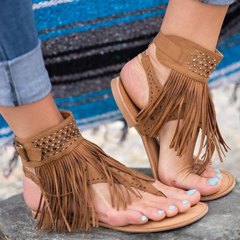 Изображение товара: Летние женские сандалии в богемном стиле; Повседневная Летняя обувь на плоской подошве с кисточками; Женские шлепанцы; Пляжные сандалии; Zapatos Mujer
