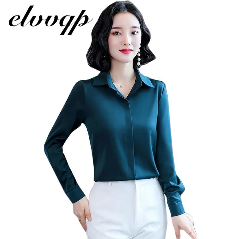 Изображение товара: Блузка женская с длинным рукавом, модный Повседневный Топ, однотонная элегантная офисная рубашка для работы, офисный Простой Топ