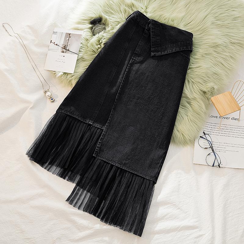 Изображение товара: Женские длинные джинсы с сетчатыми вставками, черные асимметричные юбки большого размера в Корейском стиле, с завышенной талией, A6439