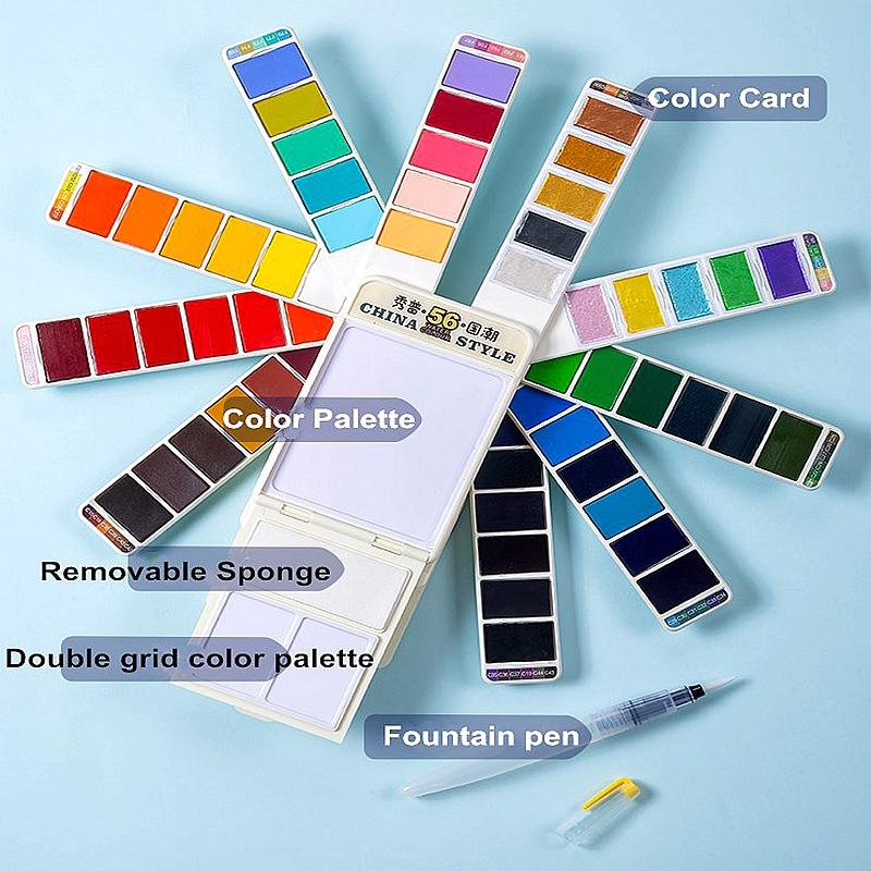 Изображение товара: Превосходный Набор цветных красок для воды в китайском стиле 32/56 цветов с ручкой для воды, цвета металлик, товары для рукоделия