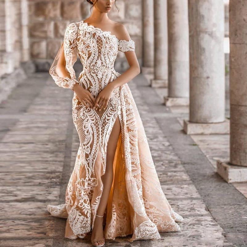 Изображение товара: Кружевное свадебное платье-Русалка цвета шампанского, с открытыми плечами и длинным рукавом