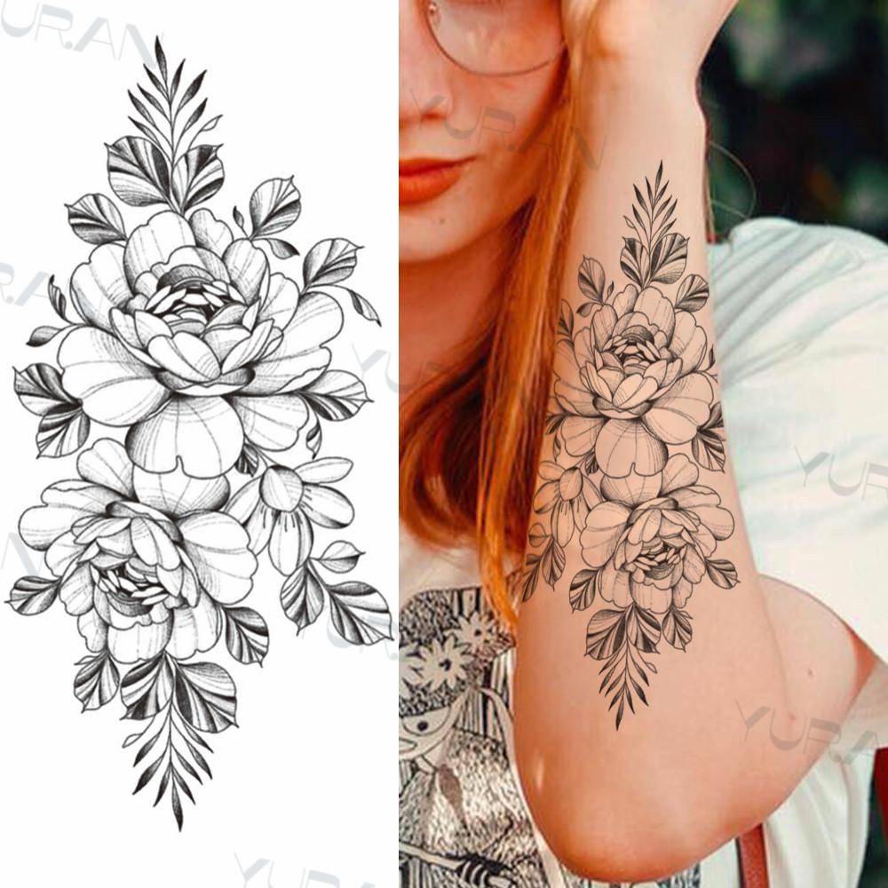 Изображение товара: Черная большая змея цветок поддельные татуировки наклейки для женщин точка Роза пион временные татуировки DIY Переводные татуировки для девочек