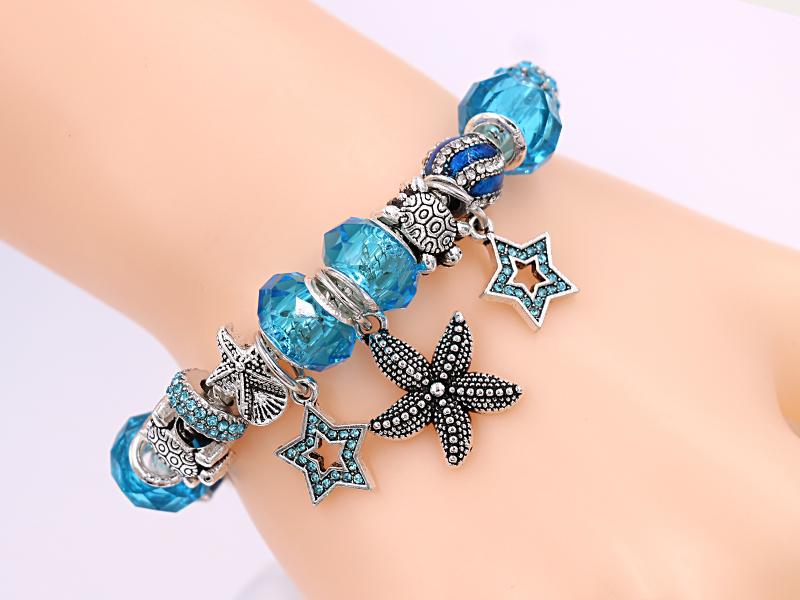 Изображение товара: Новый дизайн, женские браслеты с бусинами и бусинами в виде синей пентаграммы и морской звезды, очаровательный браслет с черепахой и волнами для мужчин