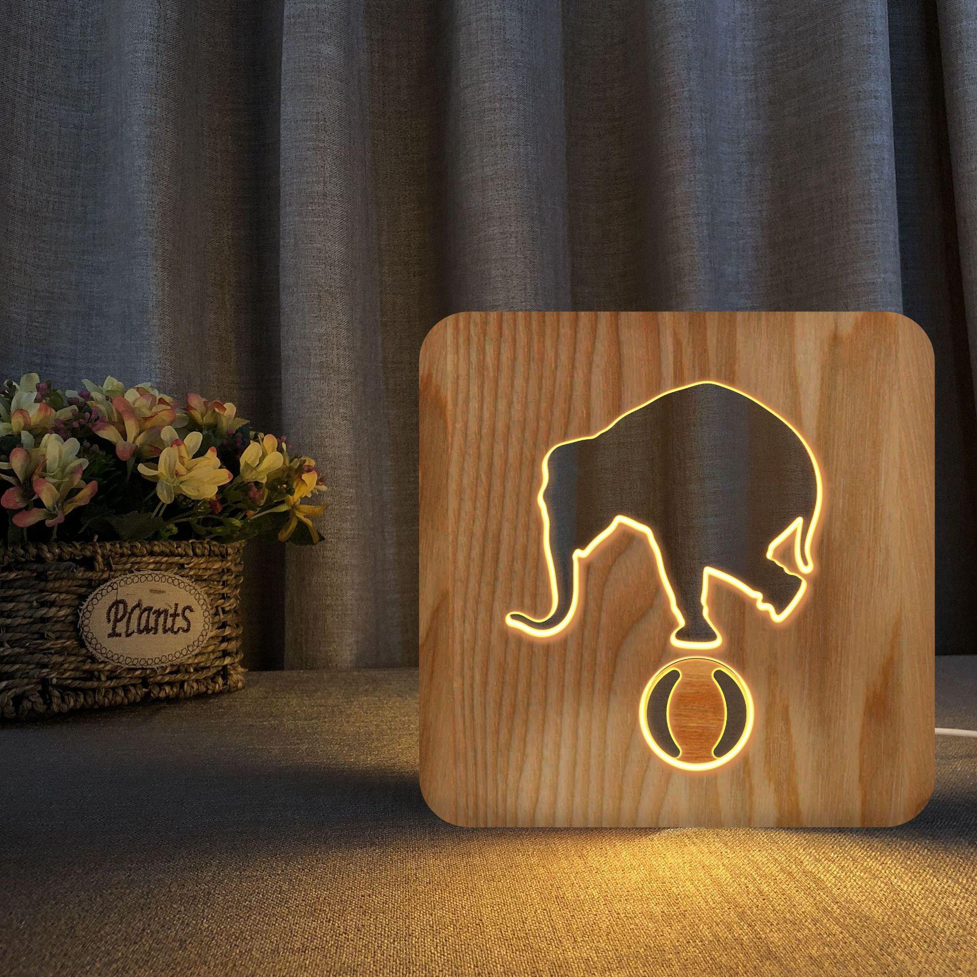 Изображение товара: Слон с шариком 3d деревянная лампа Led животное Ночник светильник Дерево Искусство домашний декор креативный подарок для детей прикроватные настольные лампы