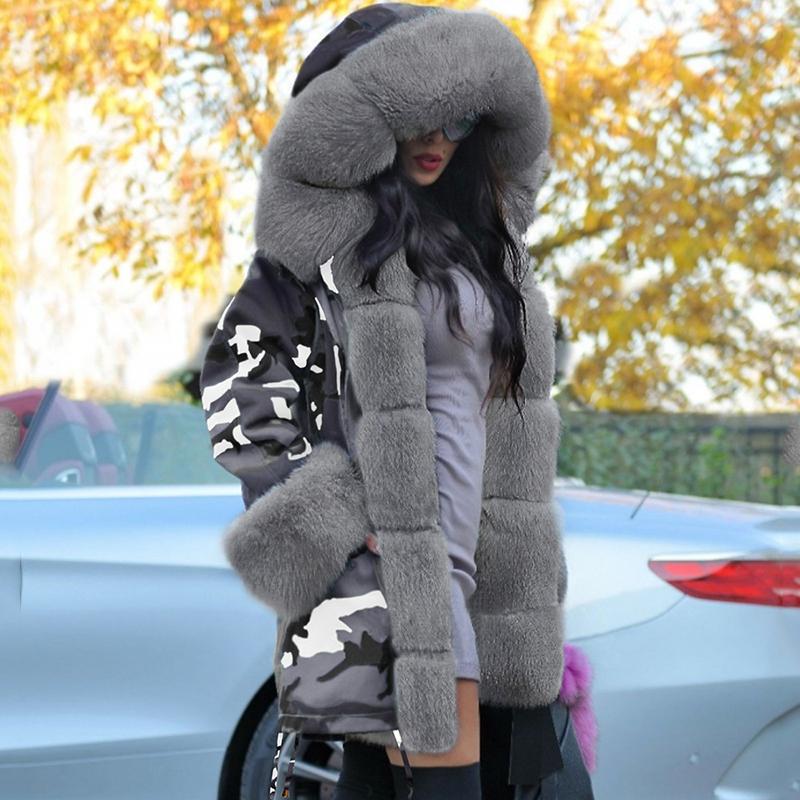 Изображение товара: Осенне-зимняя женская куртка средней длины, стеганое пальто Parker, женская модная Толстая теплая камуфляжная куртка с капюшоном и меховым воротником, стеганое пальто