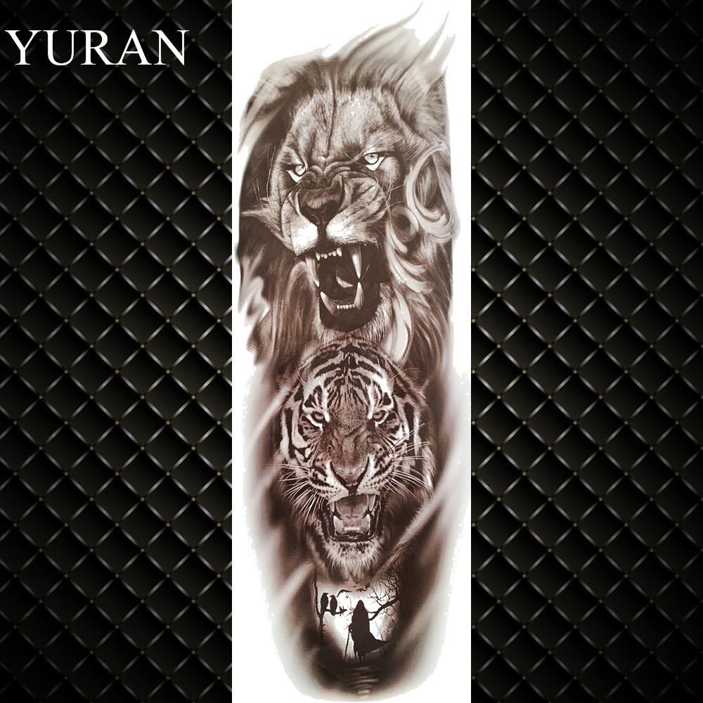 Изображение товара: Black Lion Temporary Tattoos Sleeve For Men Boy Fake Knight Tiger Full Arm Tatoos 3D High Quality Long Demon Eye Tatto Stickers