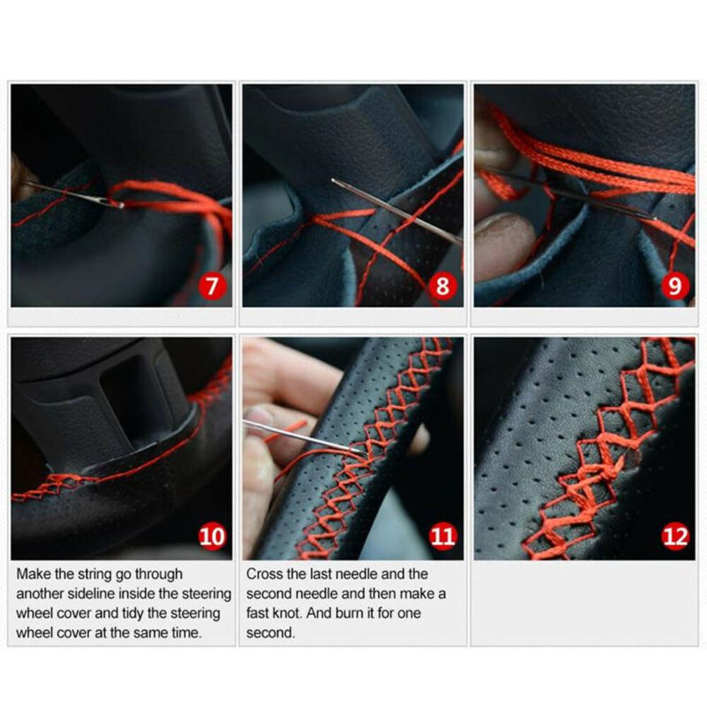 Изображение товара: Оплетка рулевого колеса 38 см «сделай сам», чехол из искусственной кожи, противоскользящие автомобильные чехлы с иглами и ниткой, черные + красные чехлы для стайлинга автомобиля