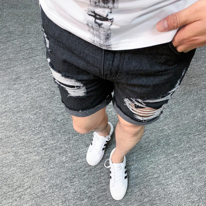Изображение товара: Шорты мужские джинсовые с дырками, тонкие модные уличные штаны в стиле хип-хоп для подростков, черный темно-синий цвета, на лето
