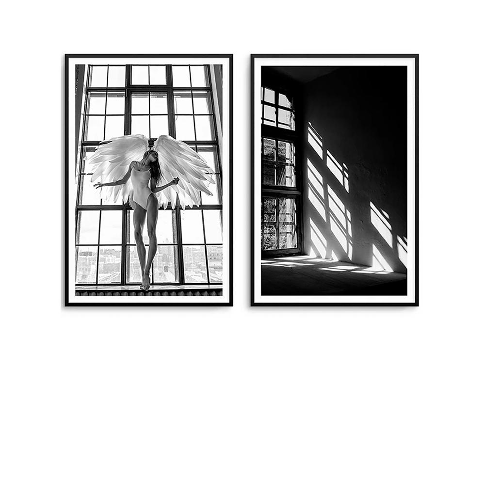 Изображение товара: Плакаты и принты на холсте «Крыло ангела», настенная живопись, черные, белые окна, настенные картины для гостиной, скандинавский Декор для дома