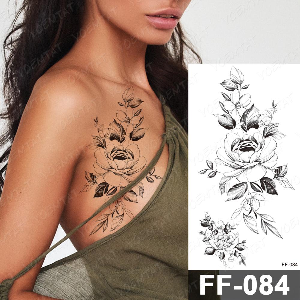 Изображение товара: Водонепроницаемая Временная тату-наклейка с цветком пиона, сливы, флэш-татуировки для женщин, черный минималистичный, линия, боди-арт, поддельные татуировки для мужчин