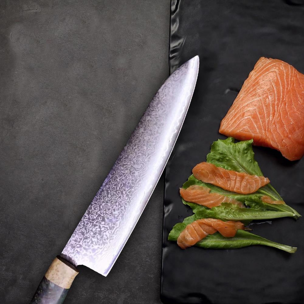 Изображение товара: VG10 нож шеф-повара из дамасской стали с деревянной ручкой, нож Gyuto, кухонные ножи из нержавеющей стали, инструменты для готовки с футляром