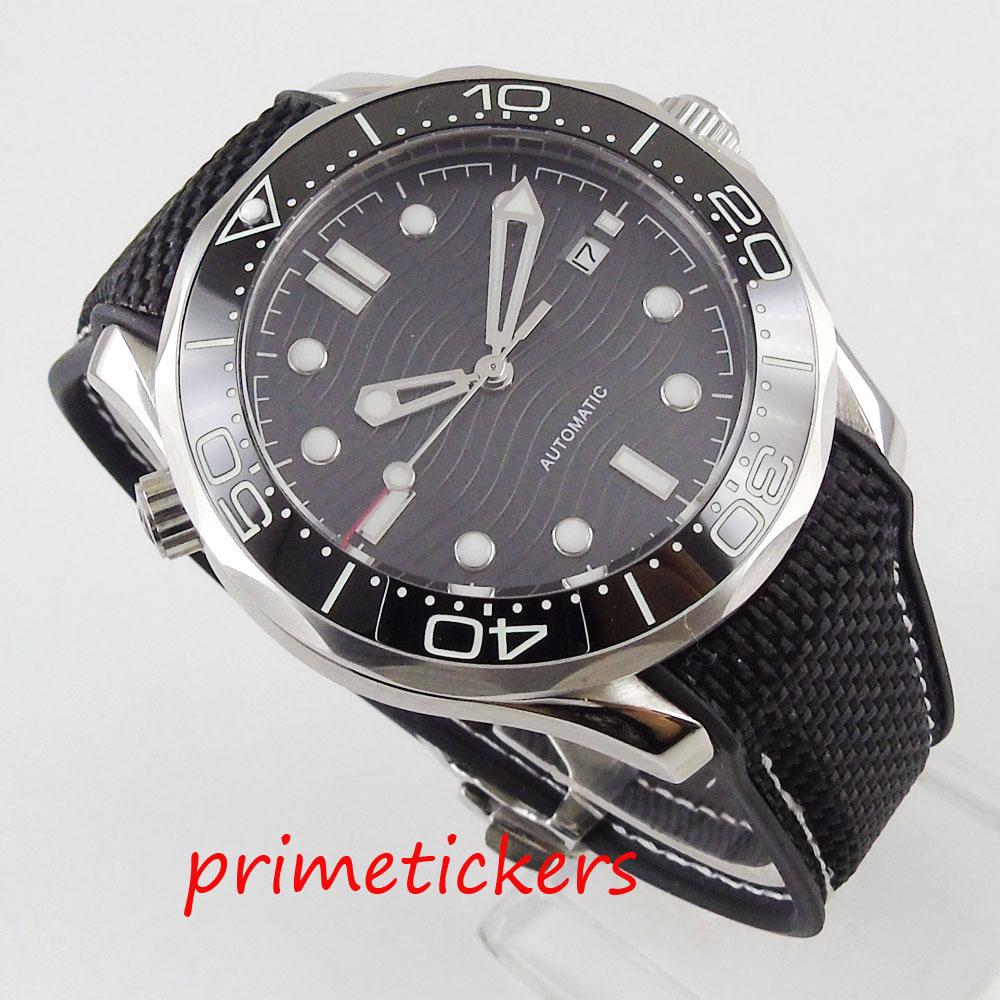 Изображение товара: Мужские часы NH35A MIYOTA с автоматическим механизмом, черные часы с волнообразным циферблатом, сапфировым стеклом, резиновым ремешком и датой, с сапфировым стеклом, светящиеся стрелки, 41 мм