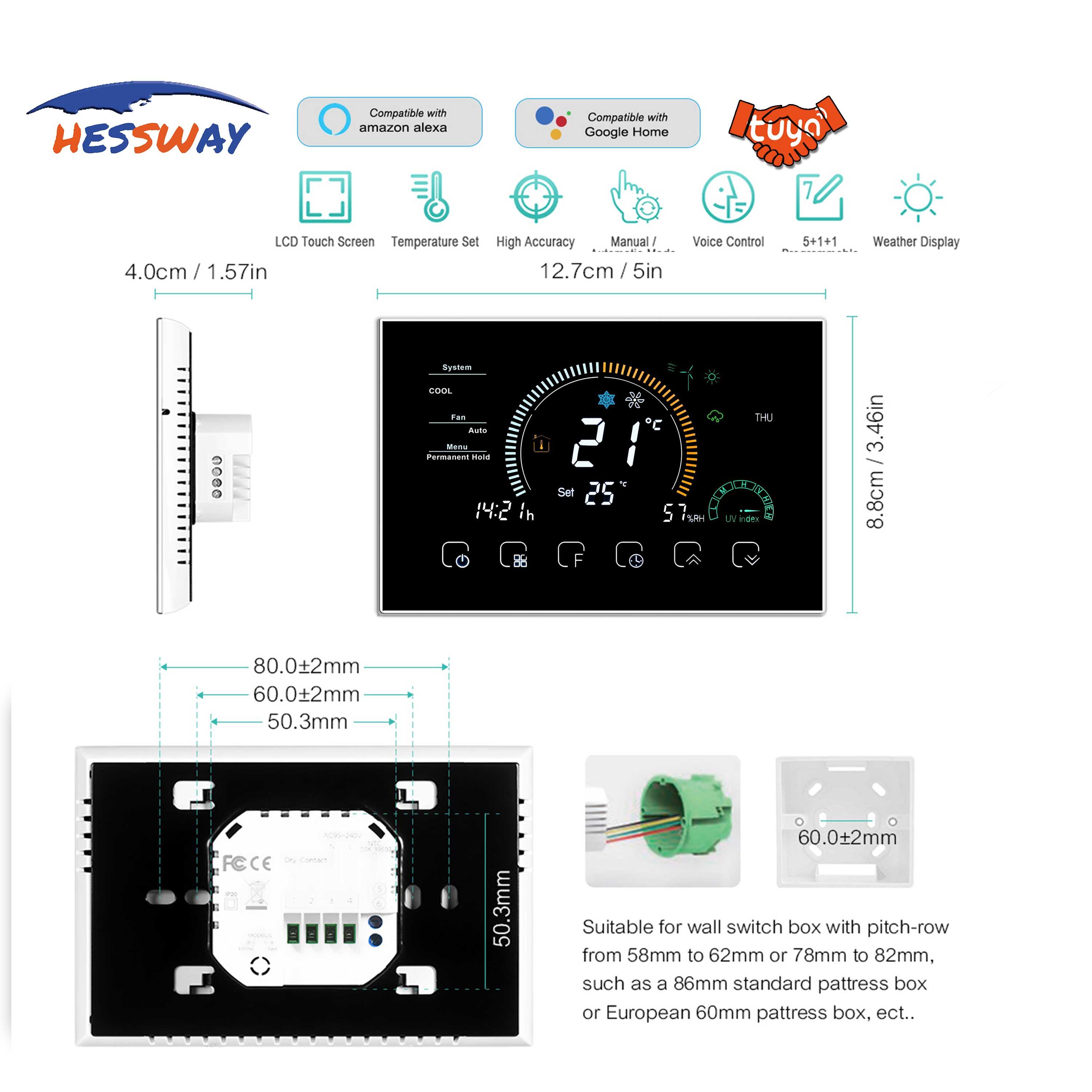 Изображение товара: TUYA WI-FI Новый центральный кондиционер воздуха термостат Температура контроллер для Американская классификация проводов 2р/4 трубы 3 Скорость блок змеевика вентилятора 4,8 дюймов Экран