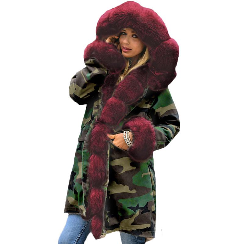 Изображение товара: Осенне-зимняя женская куртка средней длины, стеганое пальто Parker, женская модная Толстая теплая камуфляжная куртка с капюшоном и меховым воротником, стеганое пальто