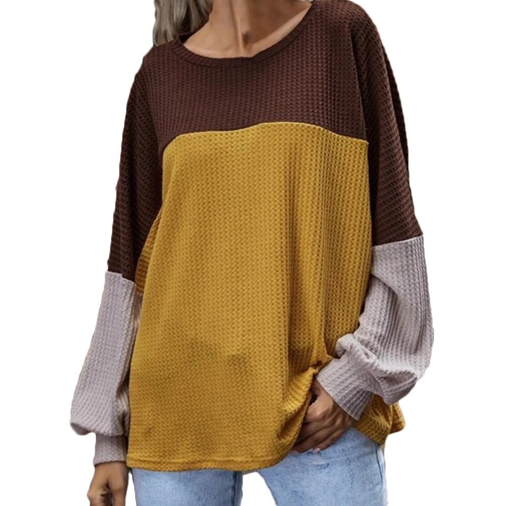 Изображение товара: Модный Свободный вязаный свитер, женская блузка с длинными рукавами-фонариками и круглым вырезом, вафельный вязаный пуловер контрастных цветов, женские пуловеры на осень