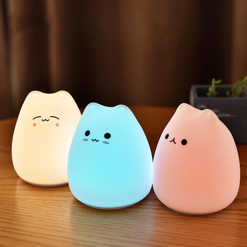 Изображение товара: LED Cute Cat Night Light 7 Colorful Battery Silicone Soft Kid Bedside decorate light Baby Nursery Cartoon Lamp for Children Gift