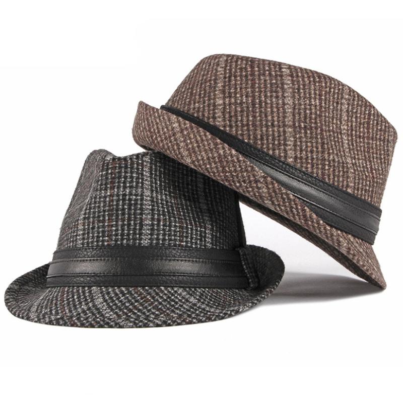 Изображение товара: Fedoras осенне-зимняя шапка шапки для мужчин винтажная Клетчатая Шерстяная Шапка в стиле ретро джентльмена черная стандартная мужская шапка Трилби джаз