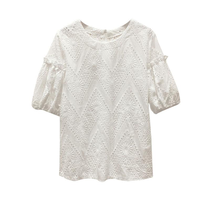Изображение товара: Женская кружевная блузка с коротким рукавом, белая блузка с цветочным принтом в Корейском стиле, модель 2022 на лето, 13439
