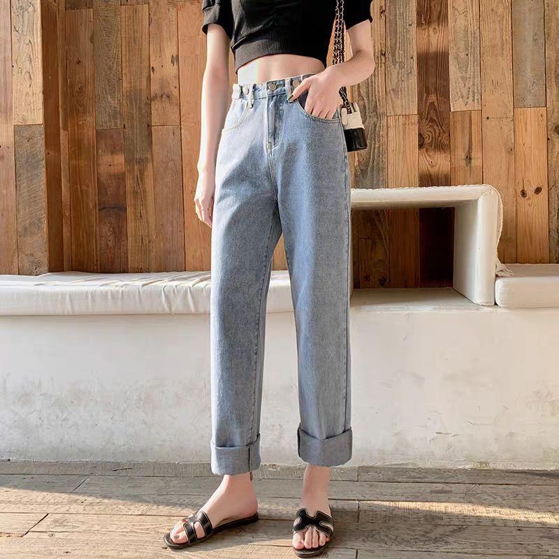 Изображение товара: Женские джинсы с высокой талией, винтажные прямые штаны с кисточками, модель 2020 г., черные, синие, размера плюс