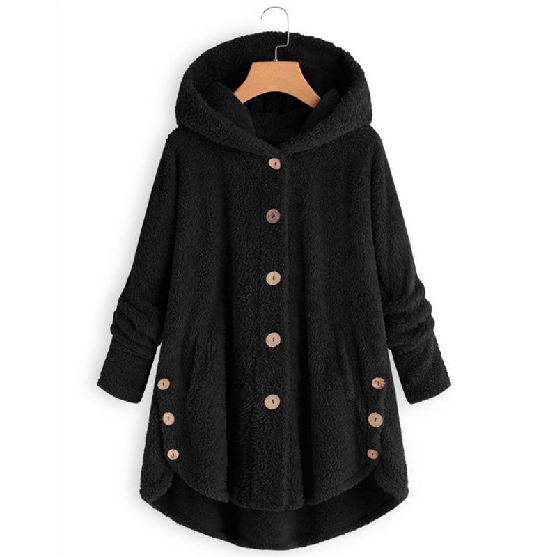 Изображение товара: Зимние пальто с капюшоном, флисовая пушистая Теплая стеганая куртка на пуговицах, женские повседневные однобортные однотонные парки с карманами, верхняя одежда размера плюс