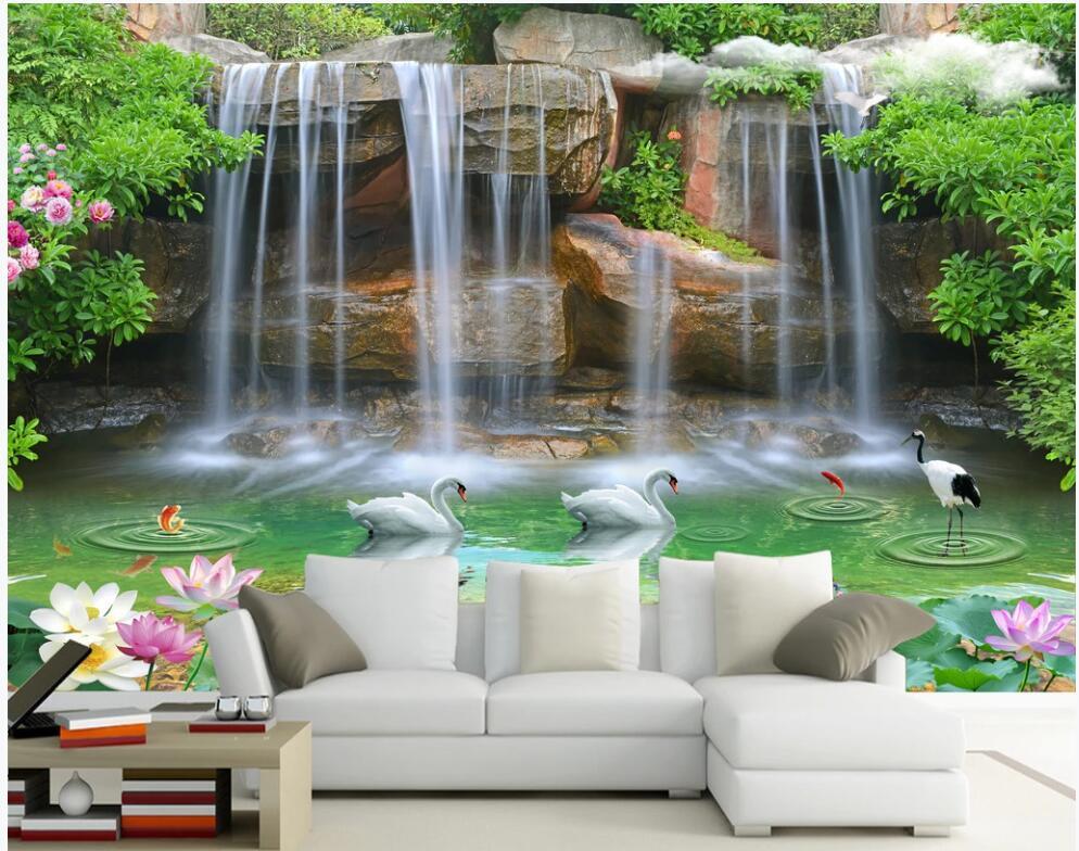 Изображение товара: Фотообои 3d на заказ, Настенные обои с изображением лебедя, водопада, озера, украшение для дома, для гостиной, в рулонах 3 d