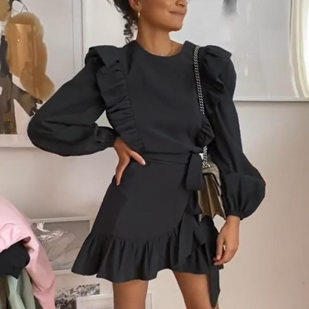 Изображение товара: Женское винтажное мини-платье, черное элегантное праздничное платье с оборками и длинным рукавом, весна-осень, 2021