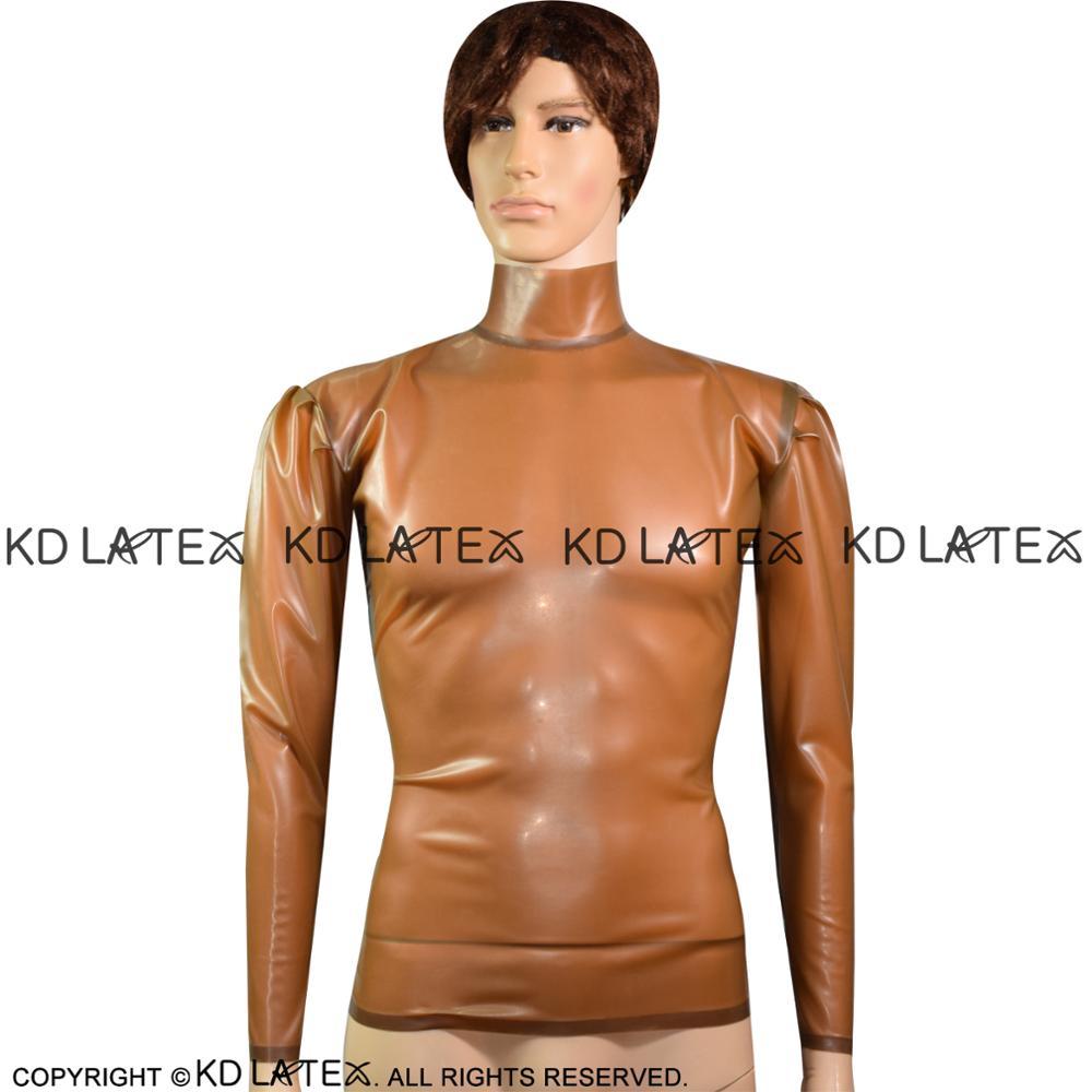 Изображение товара: Прозрачная коричневая Сексуальная латексная блузка на молнии сзади с пышными длинными рукавами и высоким воротником