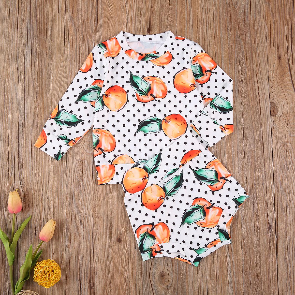 Изображение товара: Новинка 2020 года, милая одежда с принтом апельсинов для малышей футболка с длинными рукавами и круглым вырезом топ + короткие штаны, комплект из 2 предметов ropa de bebe