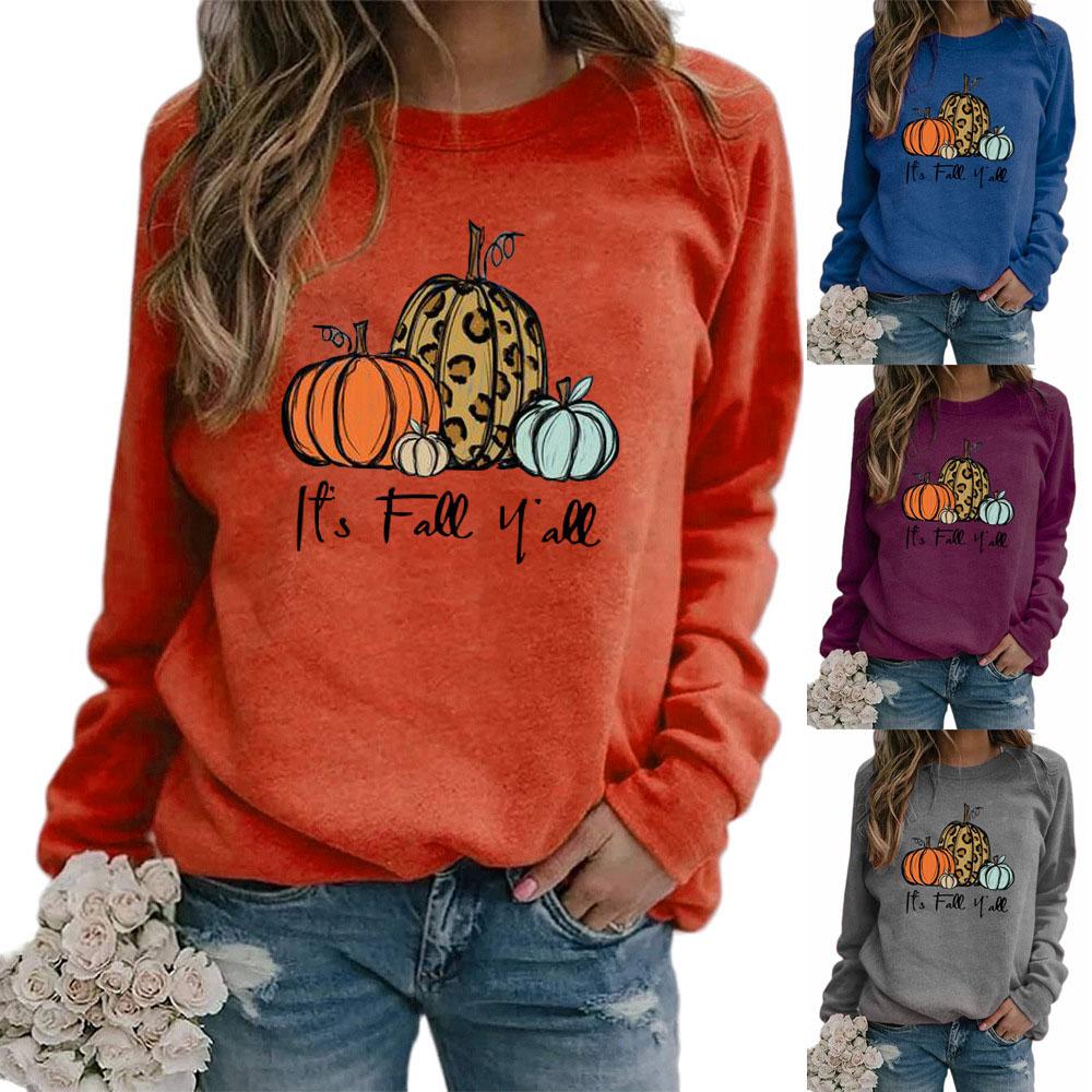 Изображение товара: Женские пуловеры с круглым вырезом SEBOWEL, повседневные пуловеры с принтом тыквы, с длинным рукавом, с рисунком из мультфильма, осень толстовки для Хэллоуина