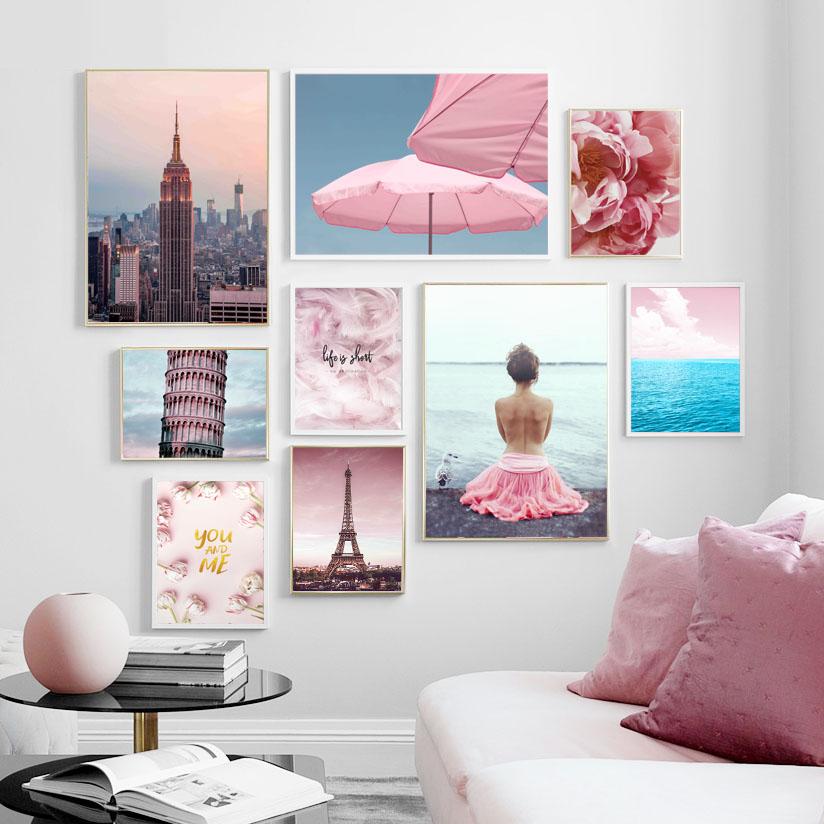 Изображение товара: Настенная Картина на холсте Париж, Нью-Йорк, Империя, состояние, Розовое перо, девушка, скандинавские постеры и принты, настенные картины для гостиной