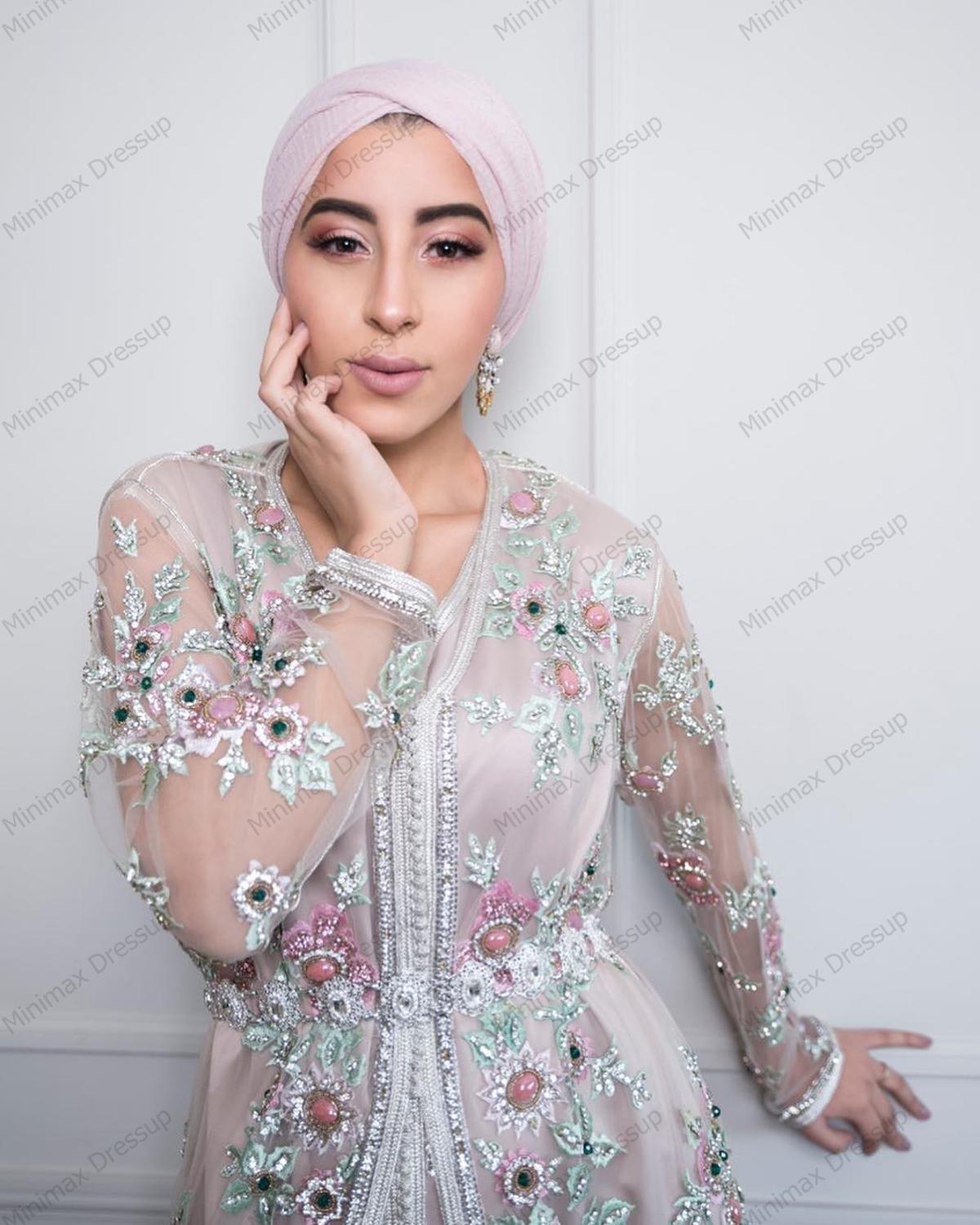 Изображение товара: Роскошные мусульманские Вечерние платья с кристаллами, вышитые бисером, марокканский кафтан, Дубай, Саудовская Аравия, длинные платья для выпускного вечера
