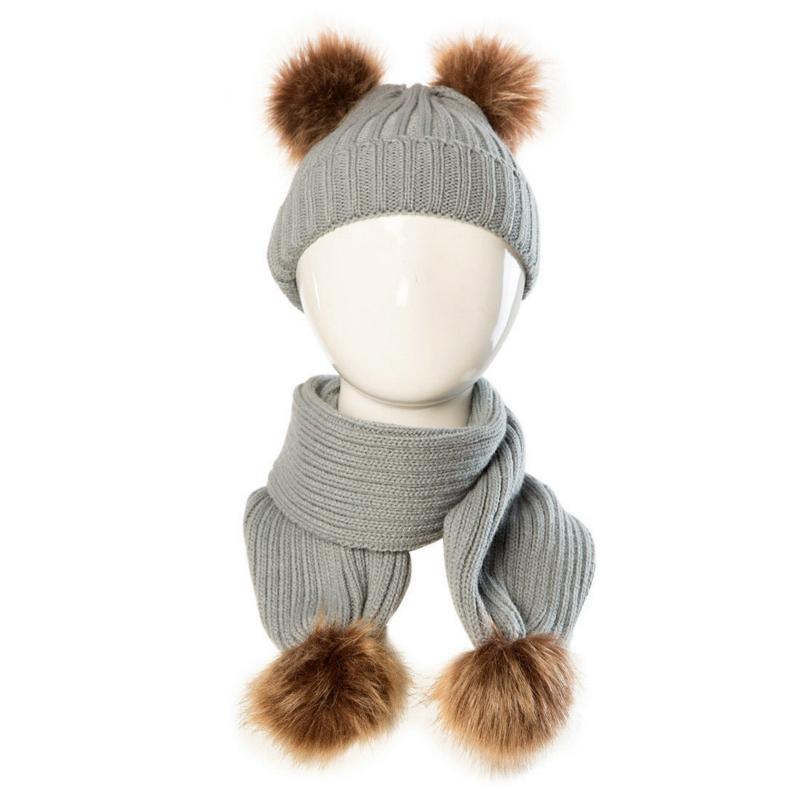 Изображение товара: 2 предмета, зимняя детская шапка + мягкий шарф для маленьких девочек и мальчиков, теплый милый двойной шарик-помпон, детская шапка, шарф, шапочка, шапка для новорожденных