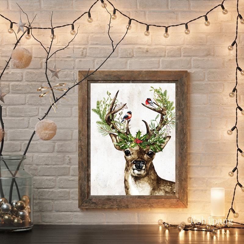 Изображение товара: Рождественский праздничный декор, постер с изображением оленя, леса, Холли, ягод, настенная живопись на холсте, домашний декор