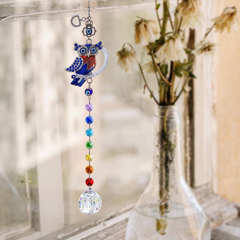 Изображение товара: Кристалл H & D, подвеска-призма, шар и цветные Восьмиугольные бусины, украшение от сглаза, Сова, подвесное украшение для сада (40 мм)