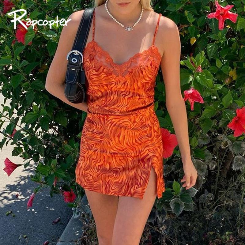 Изображение товара: Оранжевое кружевное мини-платье Rapcopter Y2K с принтом зебры, вечерние платья с открытой спиной, без рукавов, на тонких бретелях, женское платье, новинка