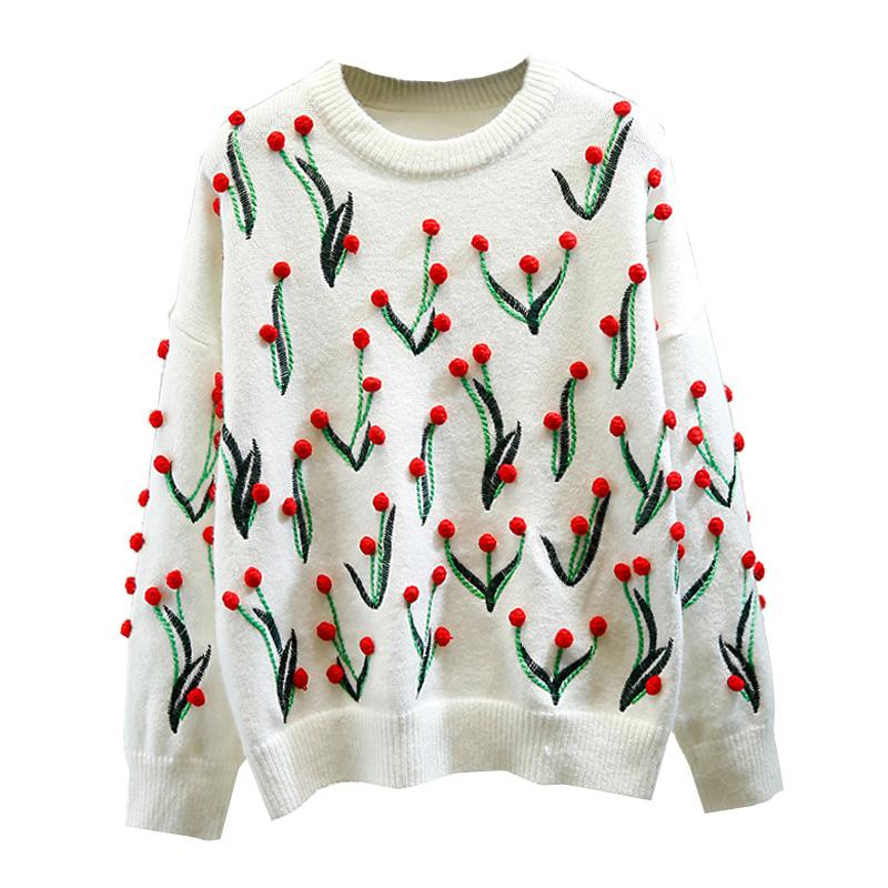 Изображение товара: Женский свободный пуловер с трехмерной вышивкой, свитер с цветочным украшением, зимняя одежда, повседневная вязаная рубашка, свитера
